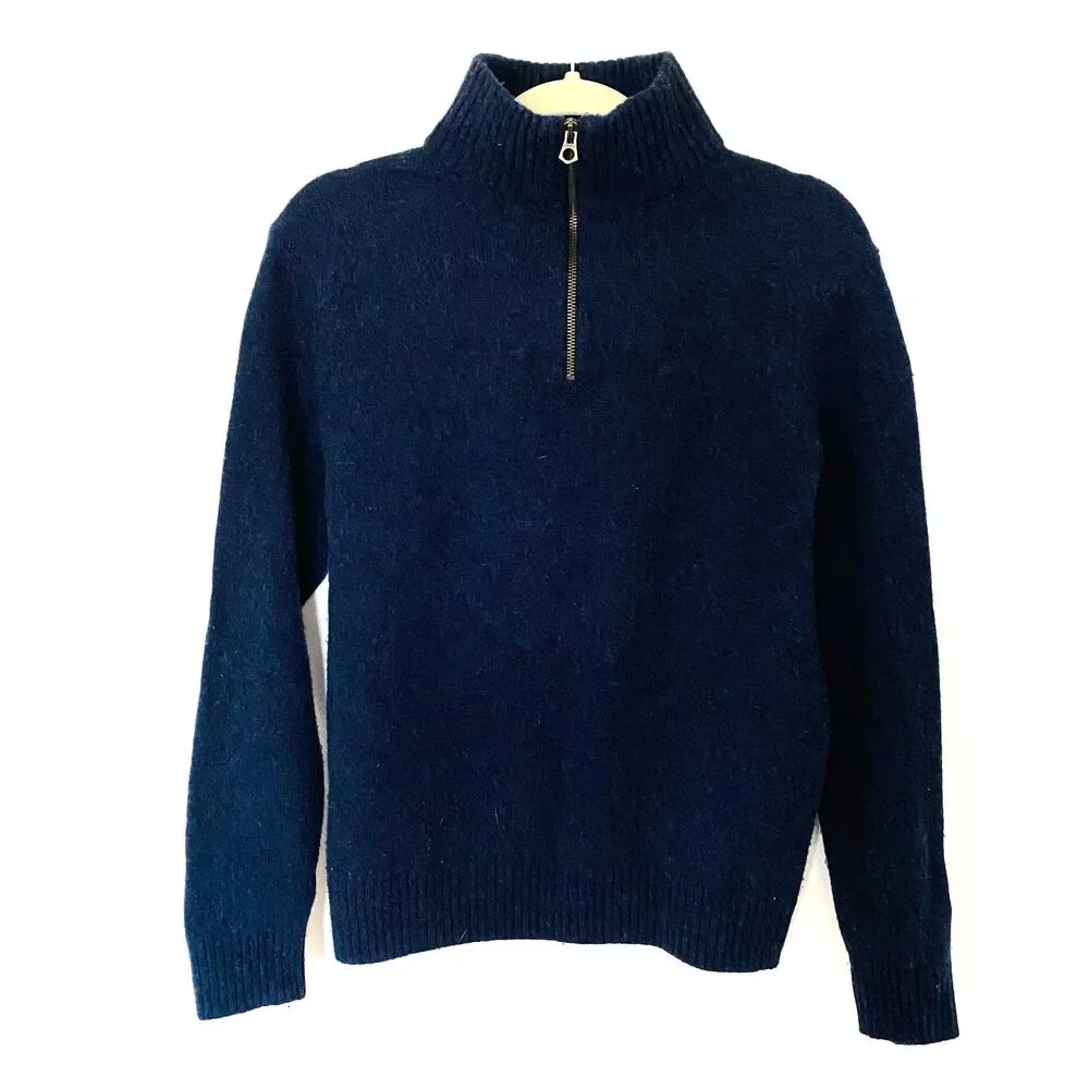 J Crew Rugged 1/2 Zip Blue Merino Wool Blend Sweater Pullover Layering M